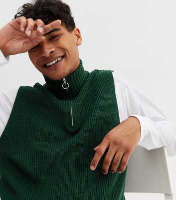 Dark Green Knit Zip High Neck Sleeveless Vest Jumper