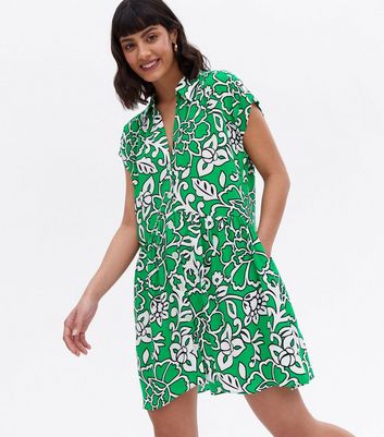 Green Leaf Print Button Front Smock Shirt Dress New Look