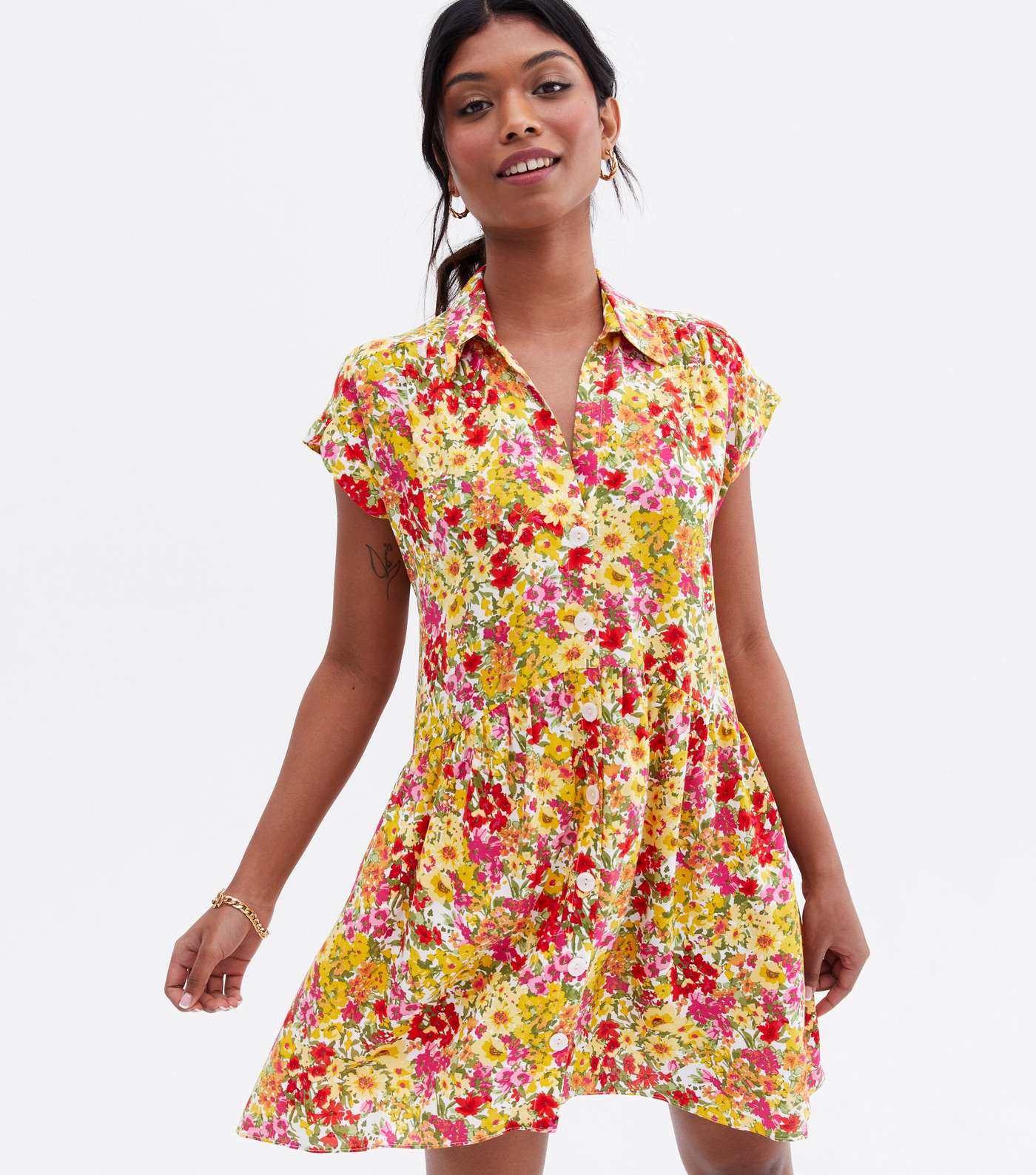 Yellow Floral Button Front Collared Mini Smock Dress