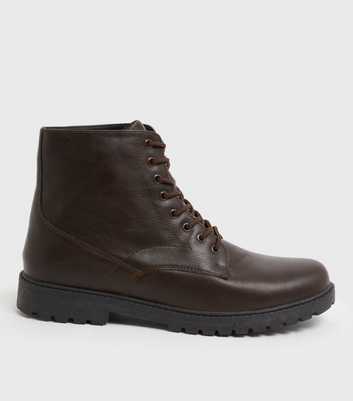 Dark Brown Leather-Look Lace Up Chunky Boots