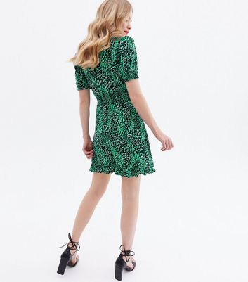 Green Animal Print Jersey Frill Mini Wrap Dress New Look