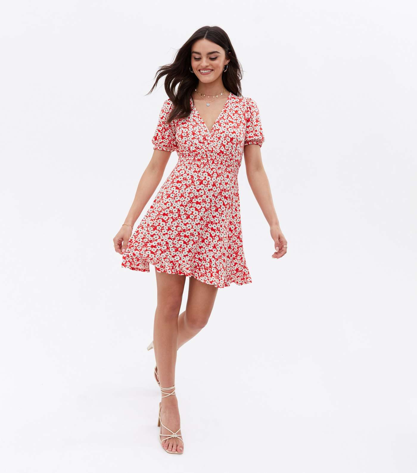 Red Ditsy Floral Jersey Frill Mini Wrap Dress Image 2