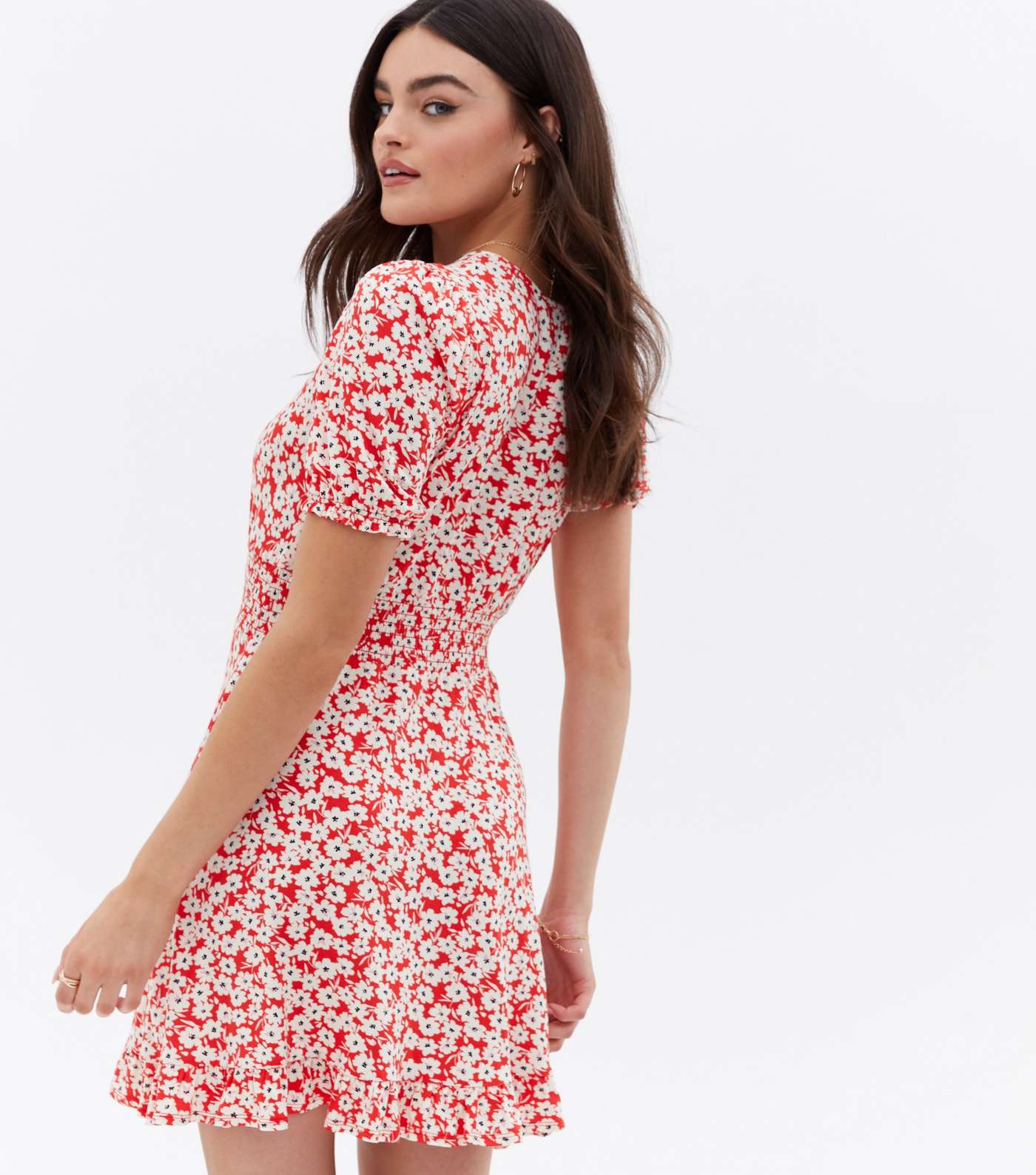 Red Ditsy Floral Jersey Frill Mini Wrap Dress Image 4