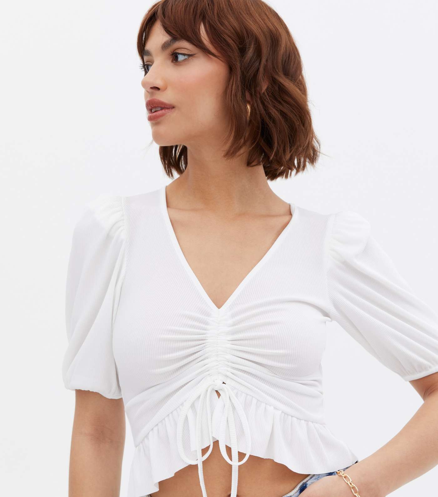 Off White Ribbed Ruched Front Frill Crop Top Image 3