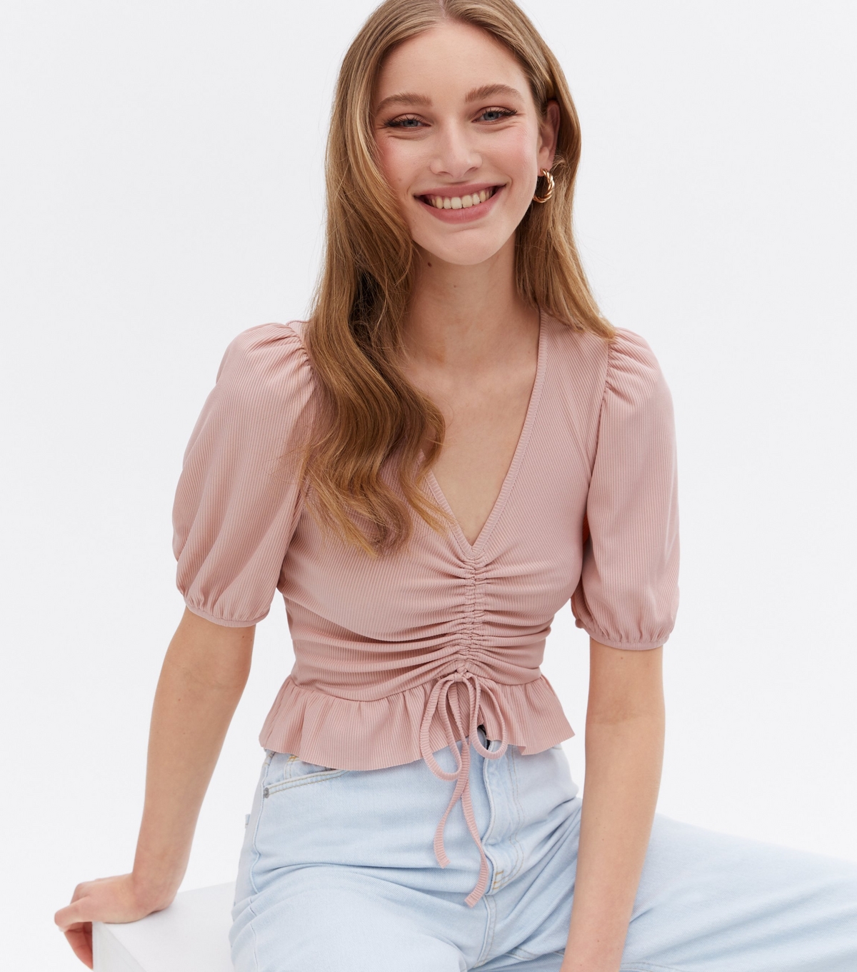 Women's Pink Ribbed Ruched Front Frill Crop Top New Look