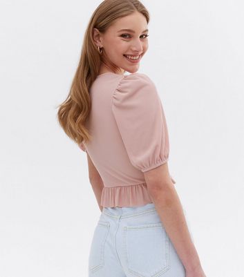 Pink Ribbed Ruched Front Frill Crop Top New Look