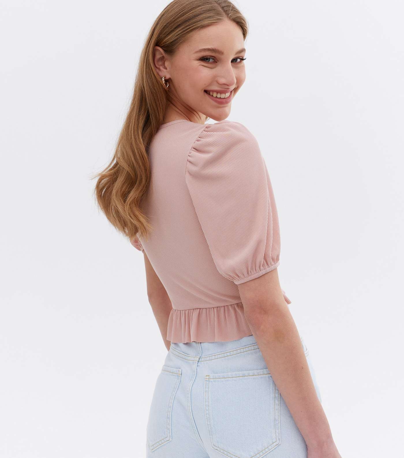 Pink Ribbed Ruched Front Frill Crop Top Image 4
