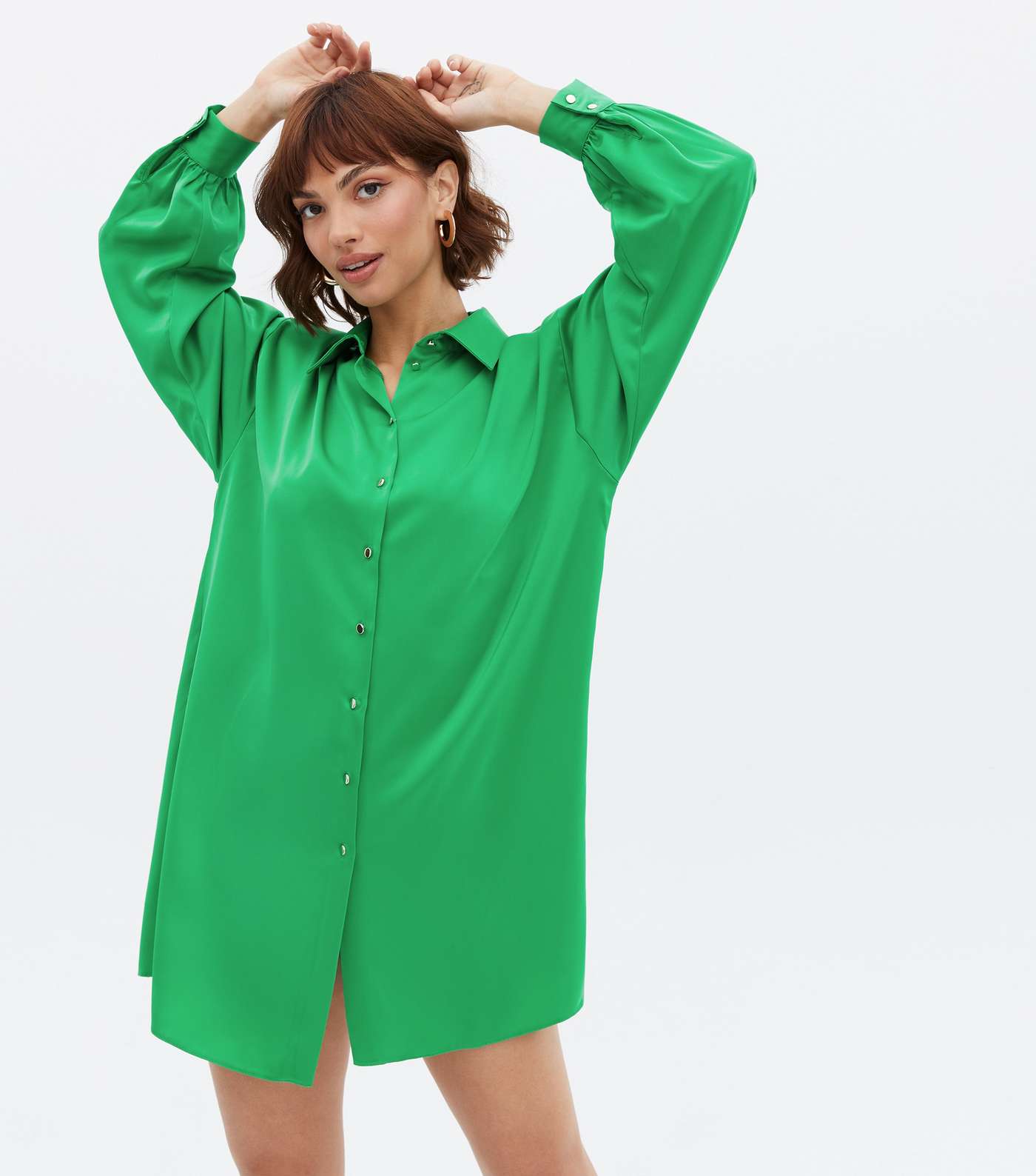 Green Satin Oversized Mini Shirt Dress