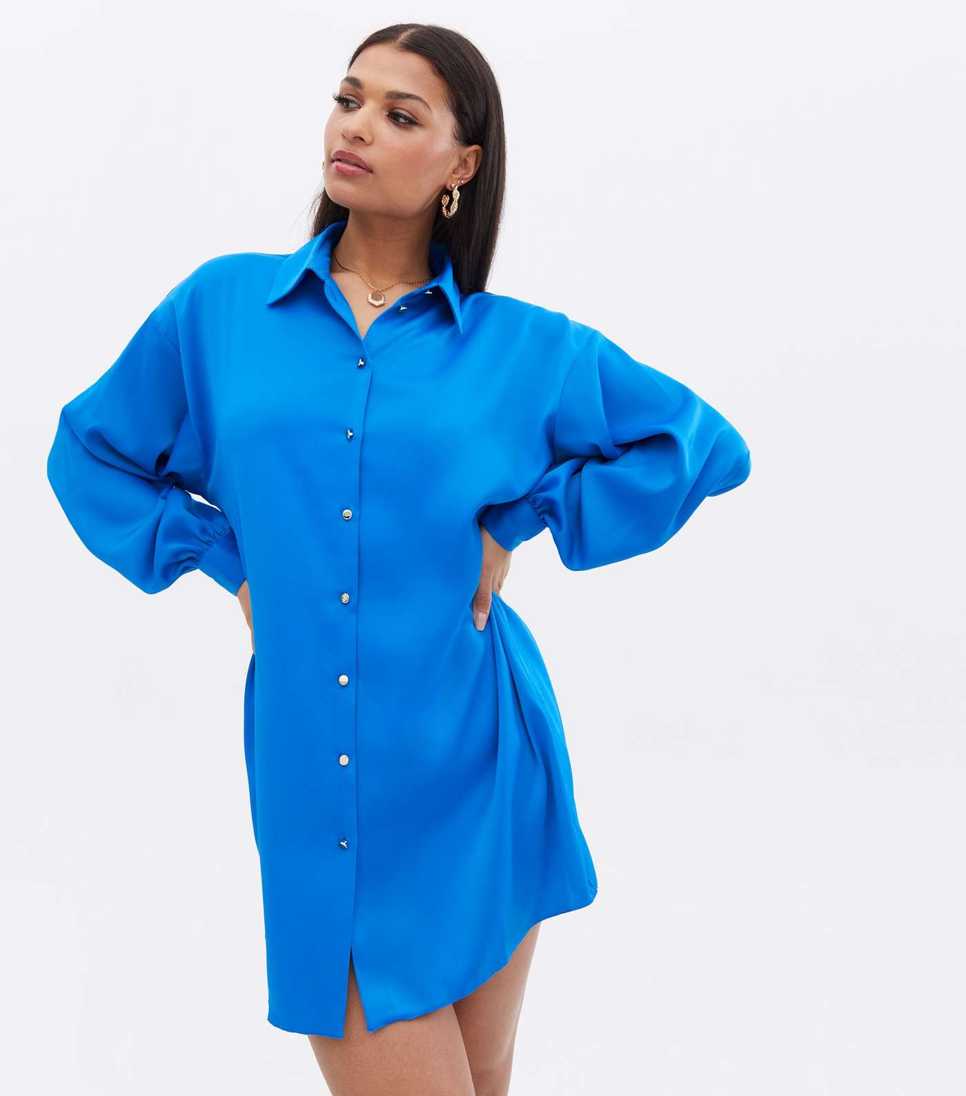 Blue Satin Oversized Mini Shirt Dress