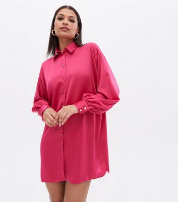 Bright Pink Satin Oversized Mini Shirt Dress New Look