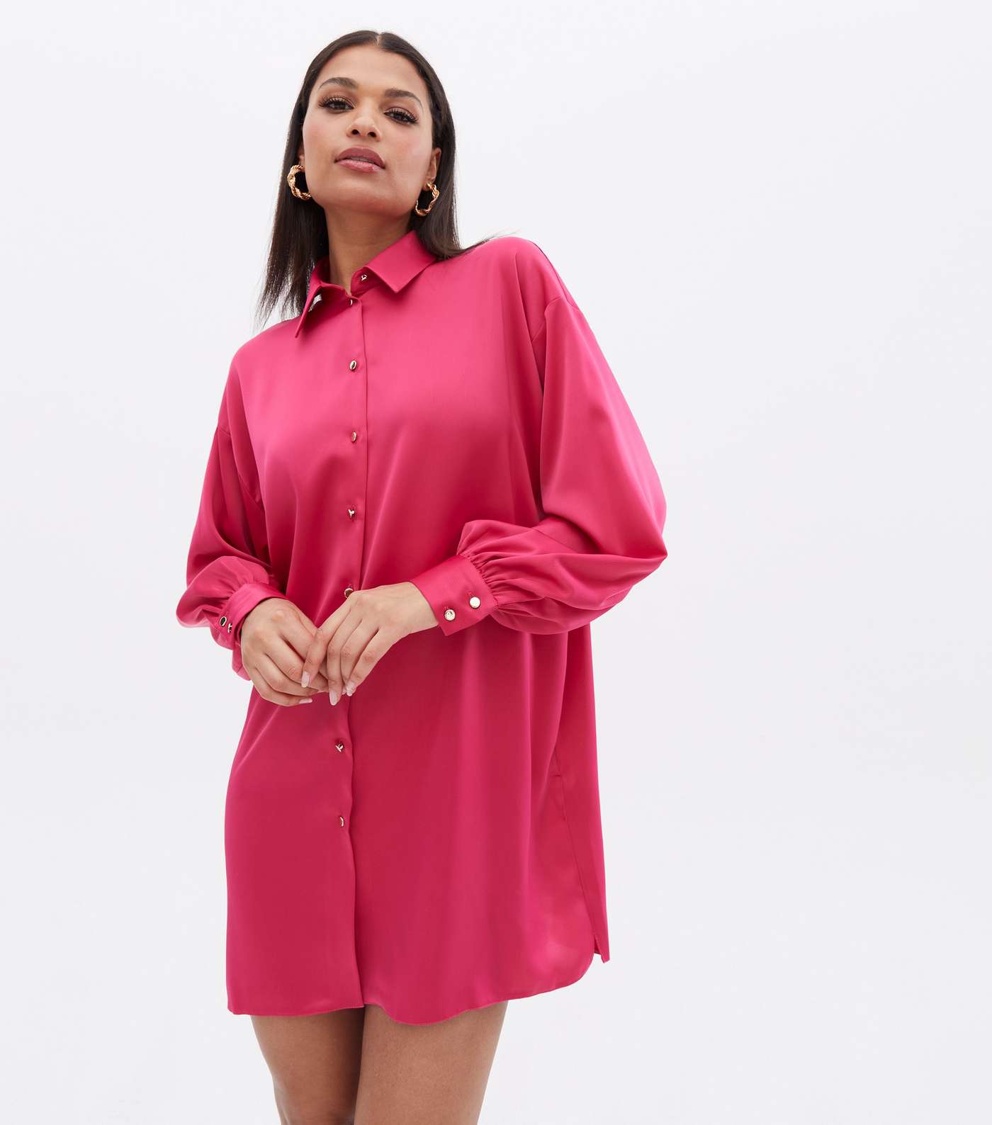 Bright Pink Satin Oversized Mini Shirt Dress