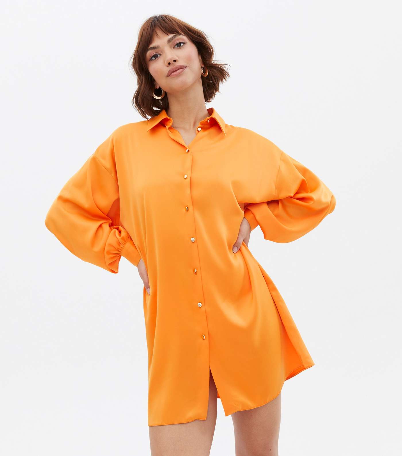 Bright Orange Satin Oversized Mini Shirt Dress