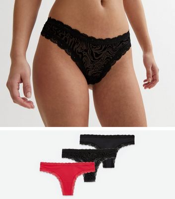 3 Pack Black Zebra Flocked and Red Lace Trim Thongs