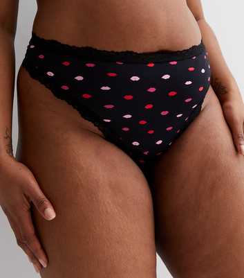 Curves 3 Pack Black Red and Lips Print Lace Trim Thongs