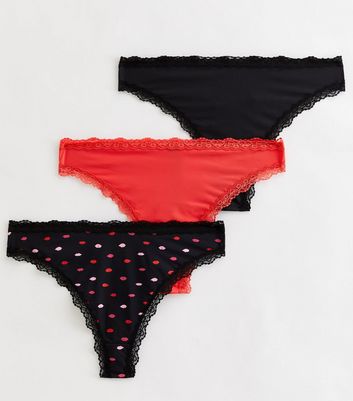Curves 3 Pack Black Red and Lips Print Lace Trim Thongs New Look