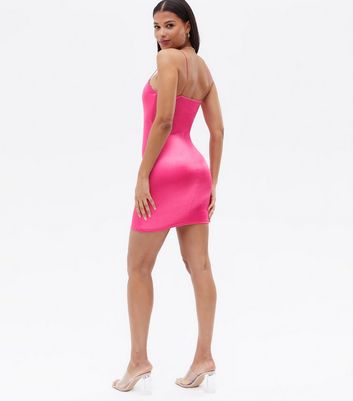 Bright Pink Satin Strappy Mini Bodycon Dress New Look