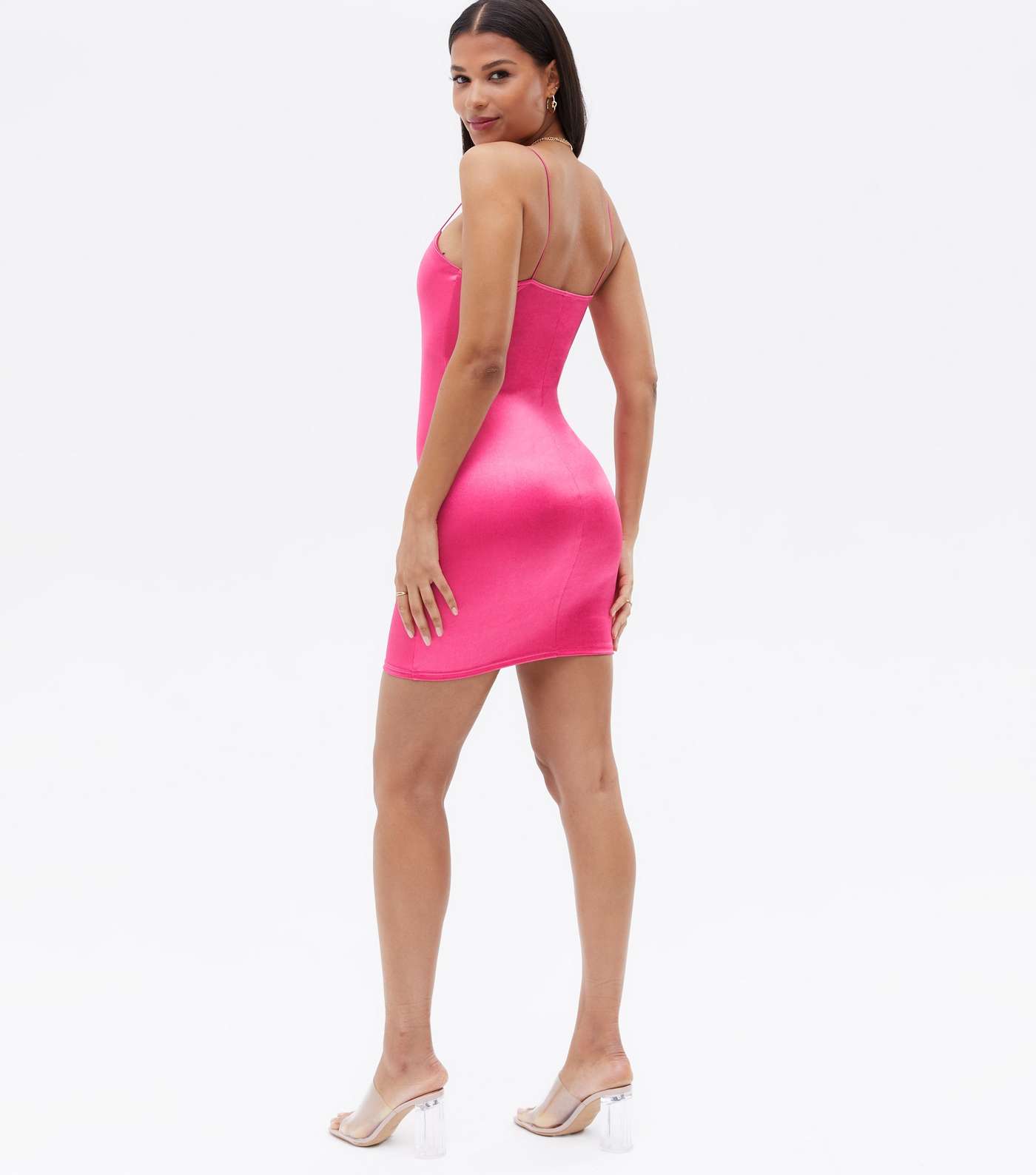 Bright Pink Satin Strappy Mini Bodycon Dress Image 4
