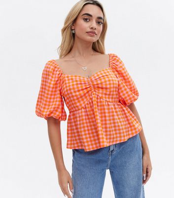 Petite Pink Gingham Puff Sleeve Sweetheart Blouse New Look