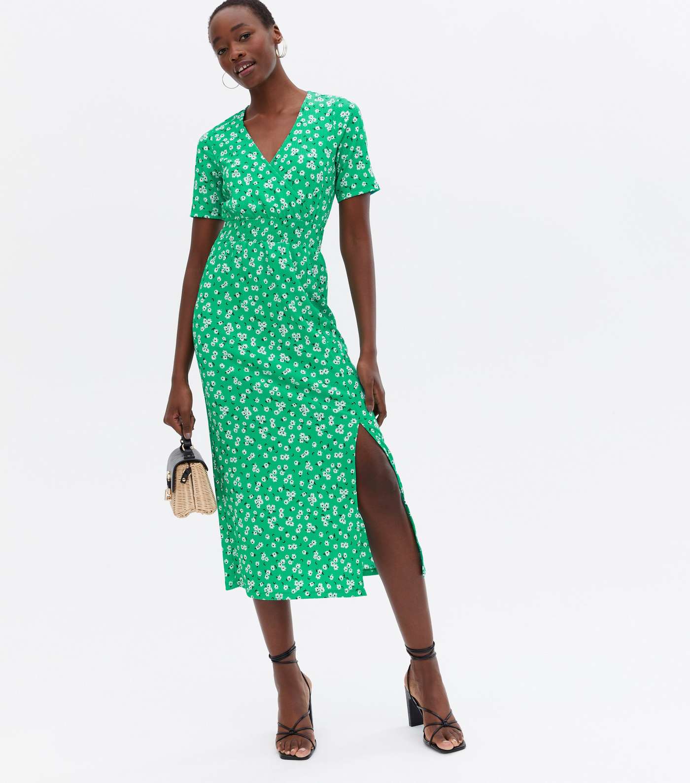 Tall Green Ditsy Floral Shirred Midi Wrap Dress