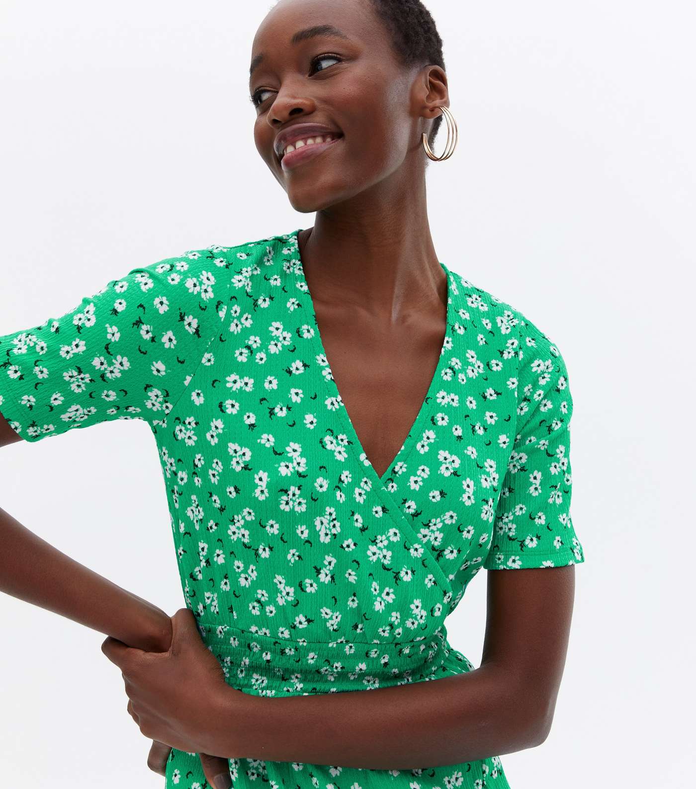 Tall Green Ditsy Floral Shirred Midi Wrap Dress Image 3