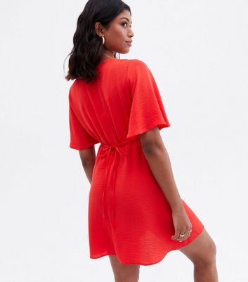 Red Button Front Flutter Sleeve Mini Dress New Look