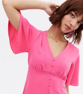 Click to view product details and reviews for Pink Button Front Flutter Sleeve Mini Dress New Look.