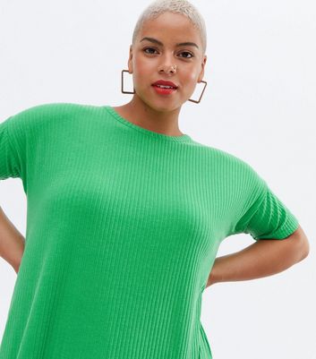 Curves Bright Green Ribbed Long Split T Shirt New Look