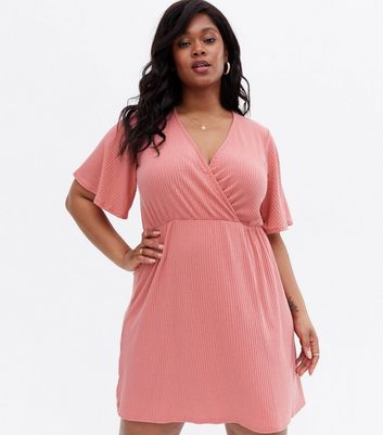 Curves Mid Pink Ribbed Mini Wrap Dress New Look