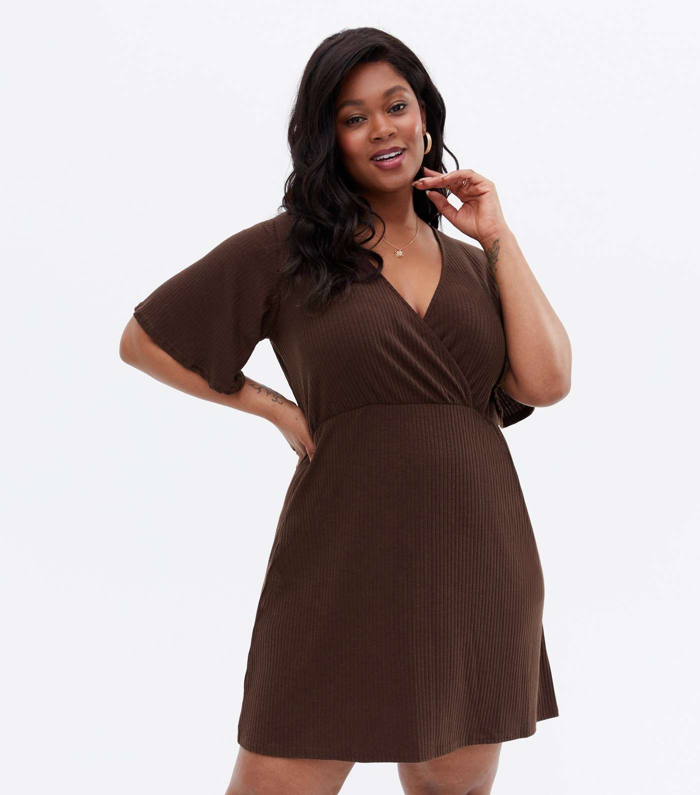 Curves Dark Brown Ribbed Mini Wrap Dress