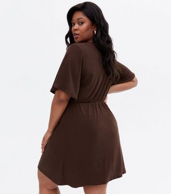 Curves Dark Brown Ribbed Mini Wrap Dress New Look