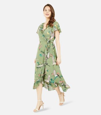 Yumi Green Floral Bird Print Frill Midi Dress New Look