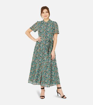 Yumi Green Ditsy Floral Midi Shirt Dress New Look