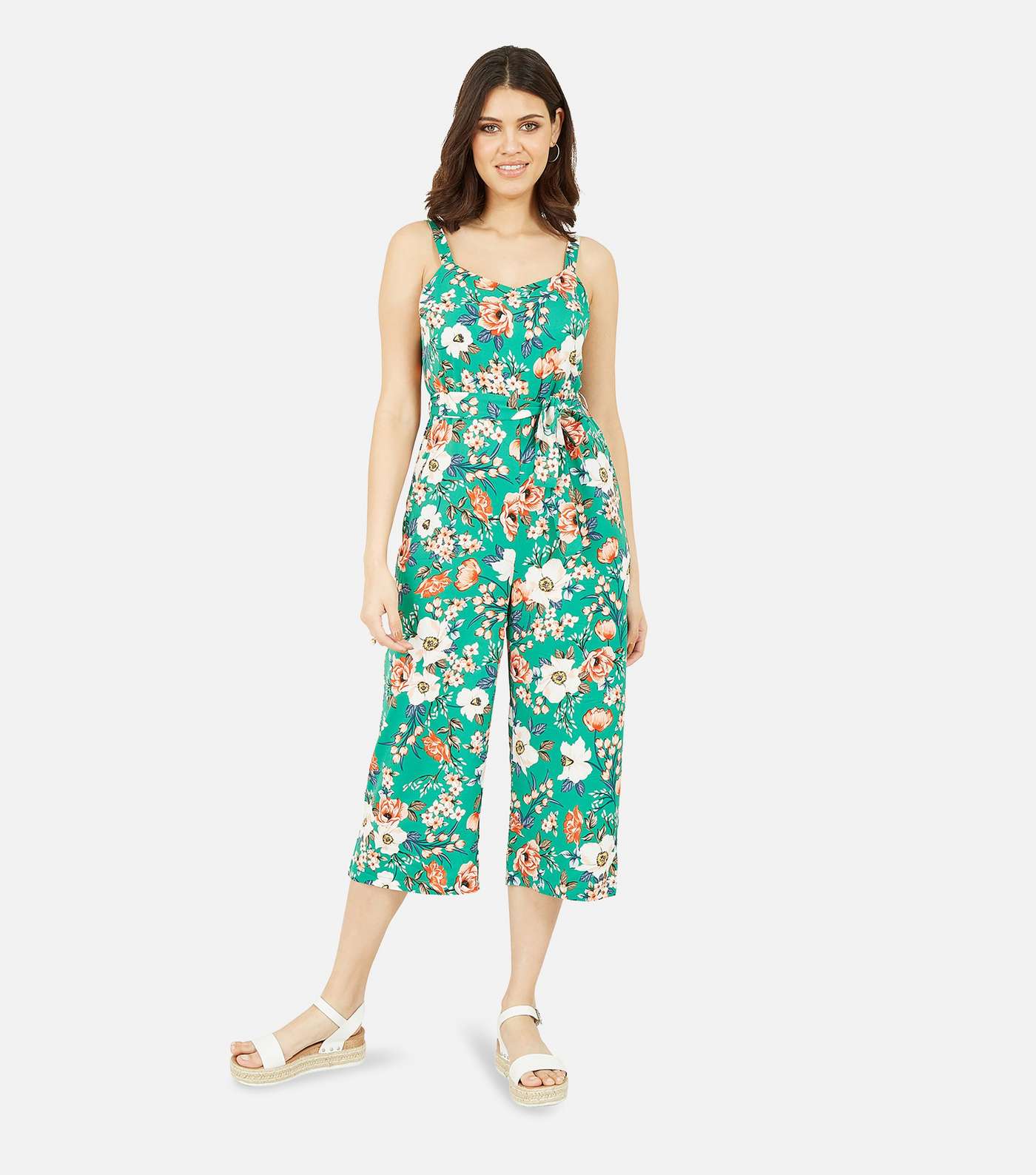 Mela Green Floral Belted Wide Leg Crop Jumpsuit Image 3
