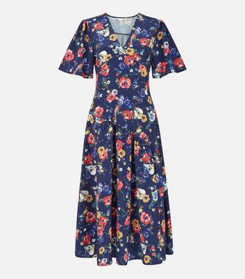 Yumi Navy Floral Asymmetric Tiered Midi Dress New Look