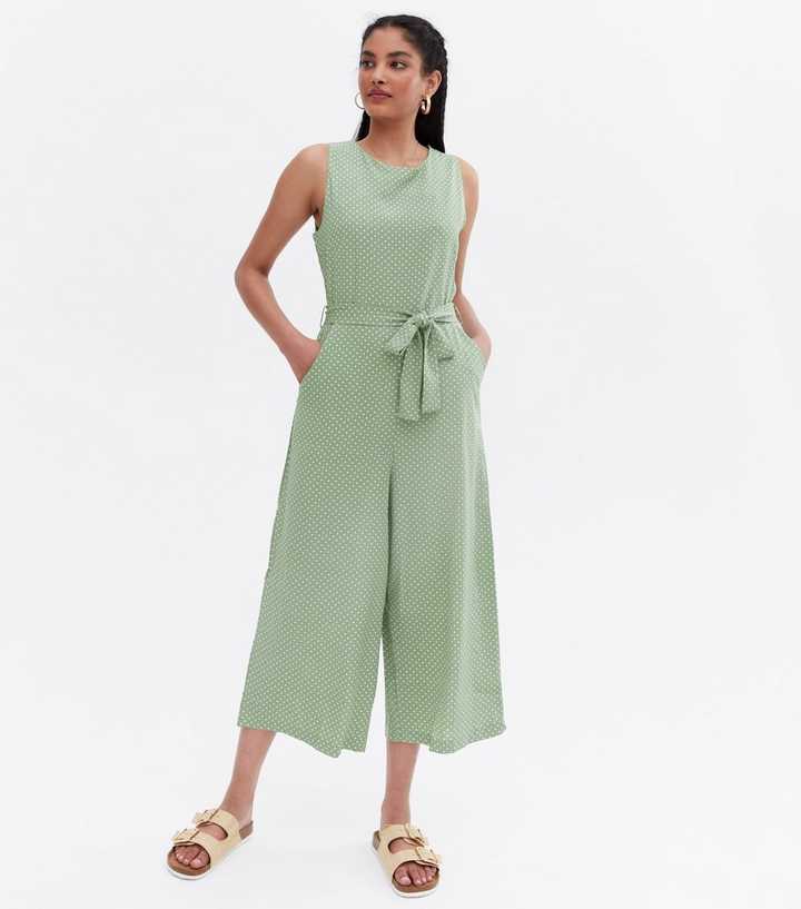 Mela Light Green Spot Belted Wide Leg Crop Jumpsuit | New Look