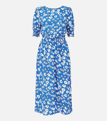 Click to view product details and reviews for Yumi Bright Blue Floral Shirred Puff Sleeve Midi Dress New Look.