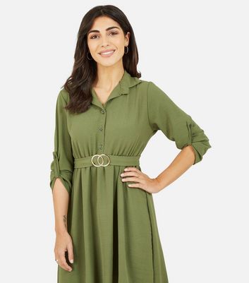 Mela Olive Circle Buckle Belted Mini Shirt Dress New Look