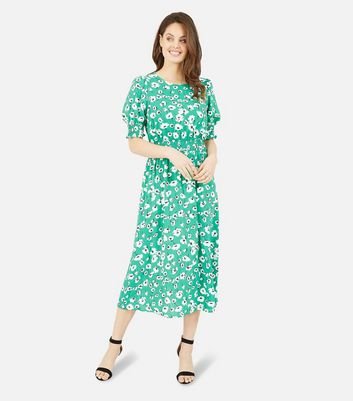 Yumi -Green Floral Puff Sleeve Ruched Waist Midi Dress