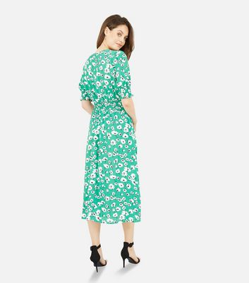 Yumi -Green Floral Puff Sleeve Ruched Waist Midi Dress