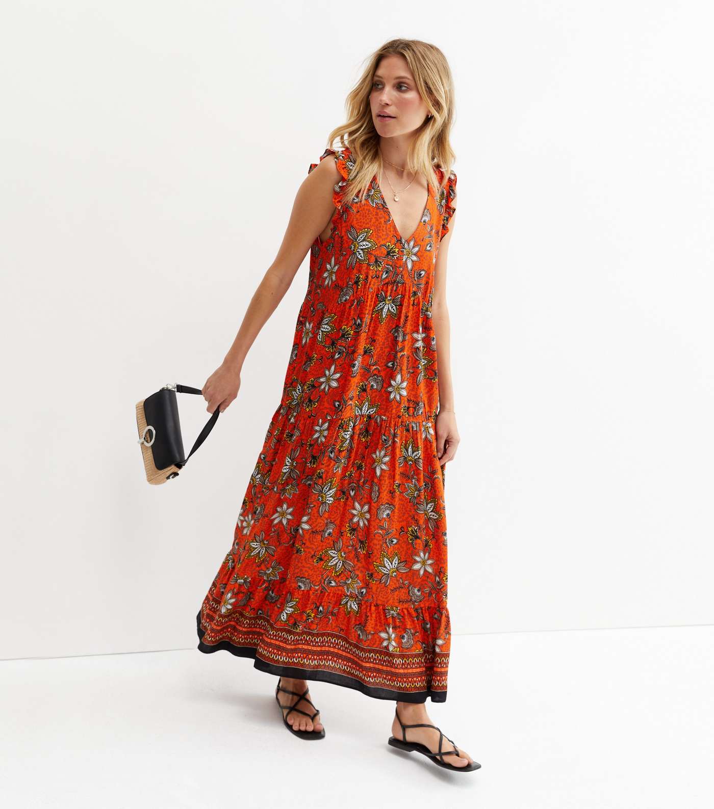 Red Floral Frill Maxi Smock Dress Image 2