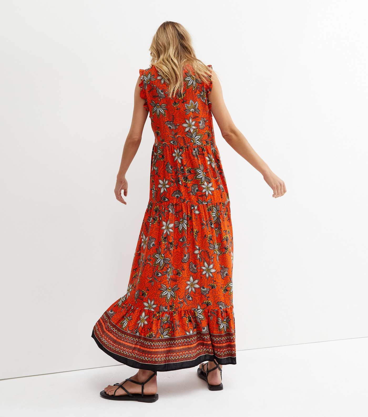Red Floral Frill Maxi Smock Dress Image 4