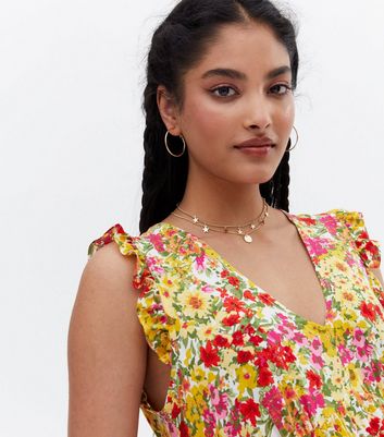 Damen Bekleidung Yellow Floral Frill Sleeveless Midi Smock Dress Damen Bekleidung Yellow Floral Frill Sleeveless Midi Smock Dress