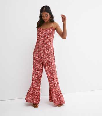 Red Floral Strappy Ruffle Hem Wide Leg Jumpsuit