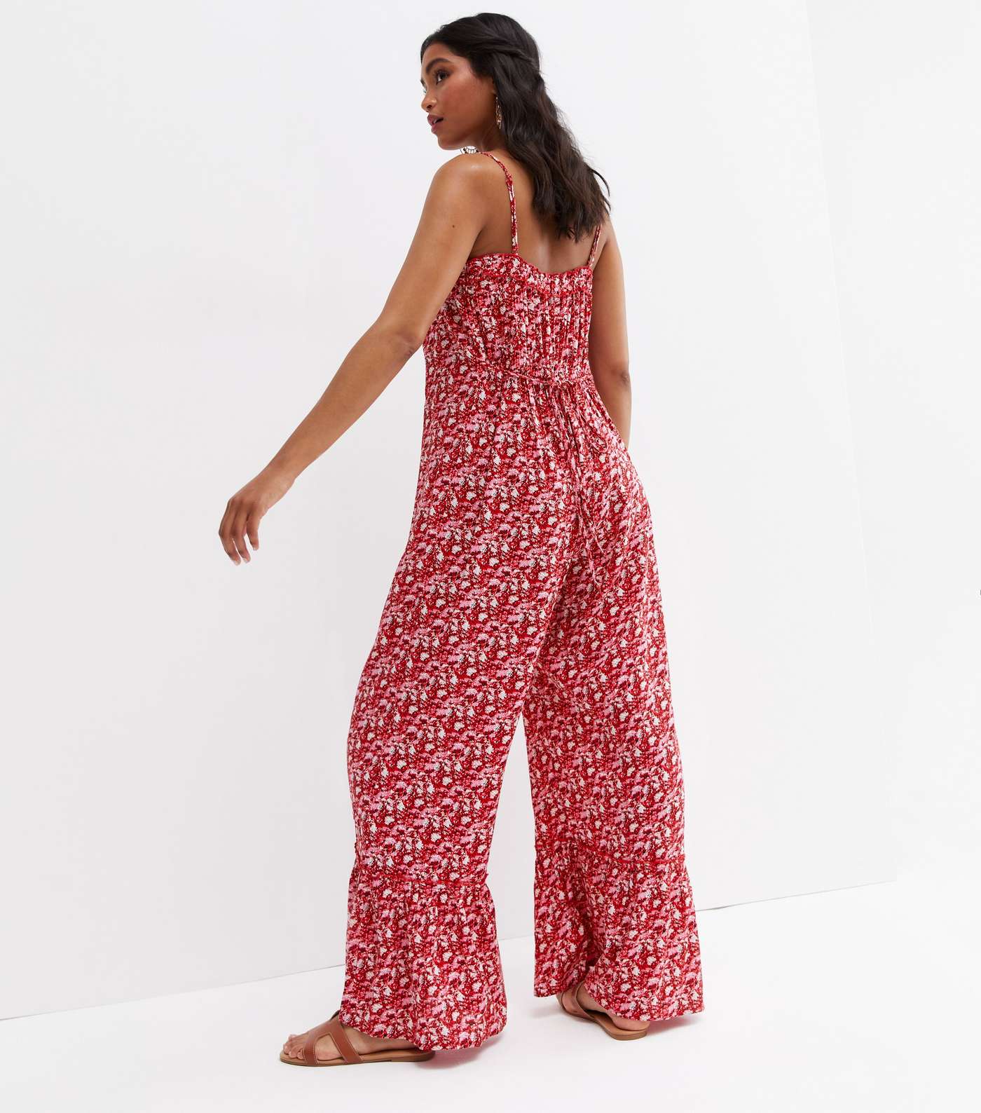 Red Floral Strappy Ruffle Hem Wide Leg Jumpsuit Image 4