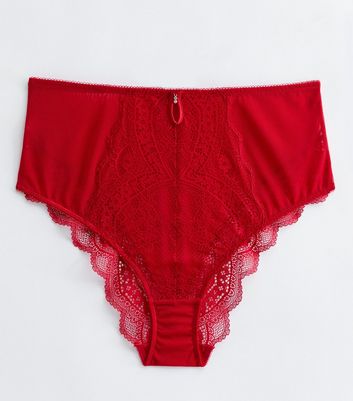 Red Floral Lace Diamante High Waist Briefs New Look