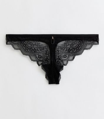 Black Floral Lace Diamante Thong New Look