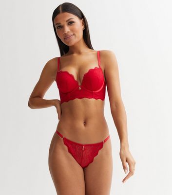 Red Floral Lace Diamanté High Leg Briefs