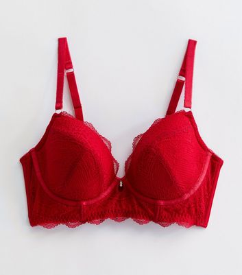 Red DD+ Floral Lace Diamante Plunge Bra New Look