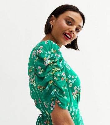 Green Floral Ruched Sleeve Tiered Midi 