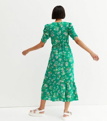 Green Floral Ruched Sleeve Tiered Midi 